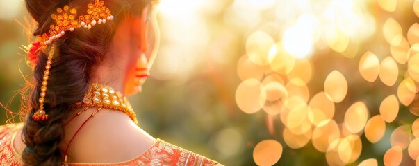 Wall Mural - Close up of woman wearing red and gold sari. Traditional Indian clothing. Cultural fashion concept. Image for wedding services, cultural events. Banner with copy space and bokeh background.