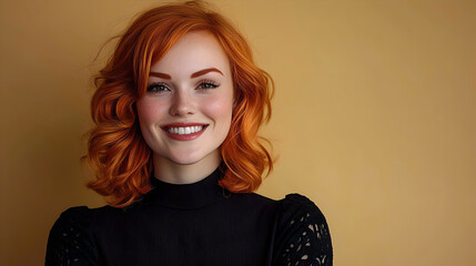 A confident woman with red hair smiling in a studio setting with a neutral background, highlighting her vibrant personality and natural beauty.