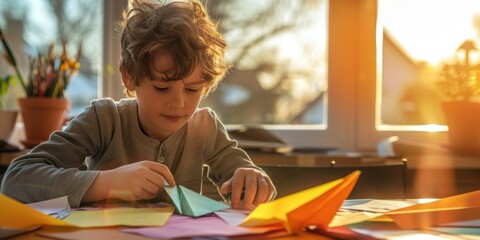 A young boy is sitting at a table with a stack of paper and scissors