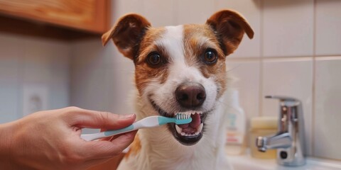 A person is brushing a dog's teeth