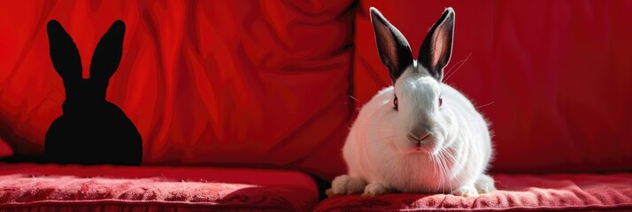 Wall Mural - White rabbit with black ears and nose resting on a blanket on a red sofa, featuring a black rabbit silhouette in the background