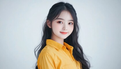 Young woman with long black hair wearing a yellow shirt poses against a light background