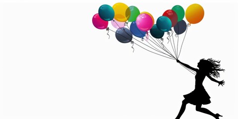 Wall Mural - A woman is holding a bunch of balloons and flying through the air
