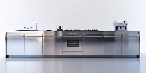 A stainless steel kitchen counter with a stove and oven