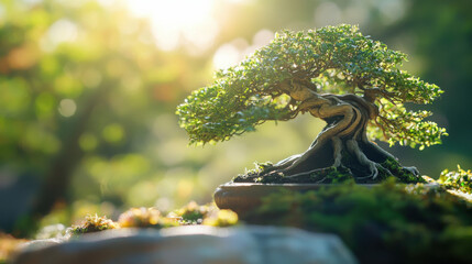 Detailed close-up of a bonsai garden with natural sunlight highlighting the artistic arrangement and intricate details of each miniature tree.