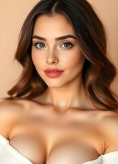 Wall Mural - Young Woman with Clean Fresh Skin on Beige Background