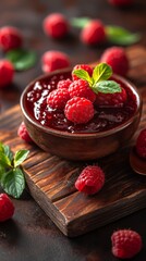 Raspberry jam in wooden bowl with fresh berries. Homemade preserves concept. Image with copy space for recipe blog and product packaging.