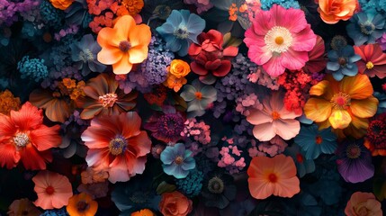 Wall Mural - A close-up shot of a vibrant floral arrangement showcasing a multitude of colors, textures, and forms, symbolizing nature's beauty, diversity, and abundance.