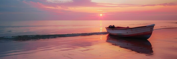 Wall Mural - Tranquil Ocean Sunset with Boat on the Peaceful Shore