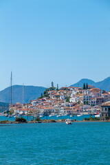 Canvas Print - Greece Peloponnese region Poros island and Galatas town seaside sailing boats on the blue sea