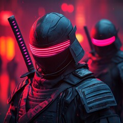 Cyberpunk samurai duel, futuristic armor, neon blades, cyberpunk night, gritty combat