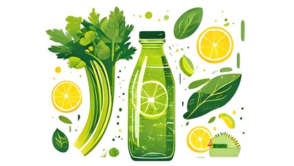 wallpaper illustration of a bottle of vibrant green detox juice surrounded by green fruit and vegetables