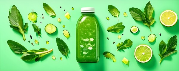 wallpaper illustration of a bottle of vibrant green detox juice surrounded by green fruit and vegetables