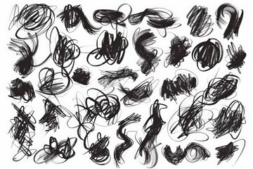 Poster - A collection of abstract black scribbles and doodles on a white background, showcasing various irregular shapes and chaotic lines in a dynamic composition.