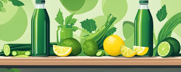 wallpaper illustration of a bottle of vibrant green detox juice surrounded by green fruit and vegetables