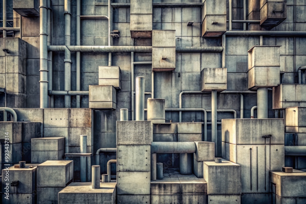 Concrete blocks and industrial pipes form a rugged, monochromatic urban ...