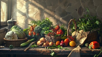 Wall Mural - Classic still life with a variety of vegetables and kitchenware