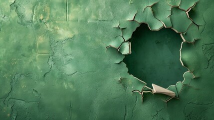 Green wall background with torn holes textured with old paper design with copy space