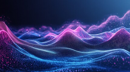 Wall Mural - A mesmerizing abstract landscape with glowing pink and blue waves, symbolizing technology, innovation, data, connectivity, and future.