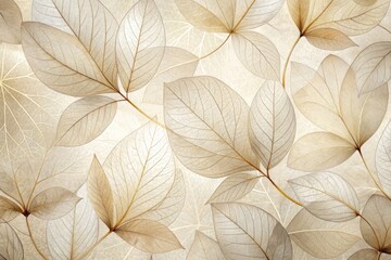 Delicate beige transparent leaves with intricate veins and natural texture blend with soft flower petals, creating a soothing neutral-colored abstract botanical wallpaper.