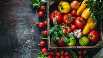 Fresh vegetables and herbs in a rustic wooden crate