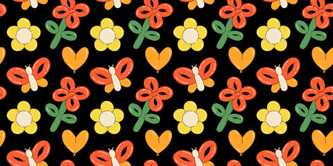 Wall Mural - Balloon animals pattern seamless. inflatable flower and butterfly. Colorful glossy rubber toy. Birthday party festive y2k decor textile, wrapping paper, wallpaper design. Print for fabric vector