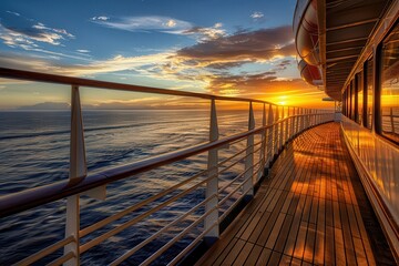 Wall Mural - Ship Deck. Sunset View of Cruise Liner Deck with Railing and Ocean Background