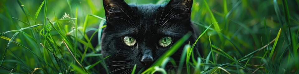 Wall Mural - Black feline with emerald eyes in a lush summer meadow