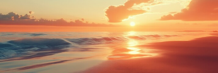 Wall Mural - A serene scene of a golden sunset over the ocean, with soft, calm waves lapping gently on the shore. The sky is ablaze with vibrant hues of orange and pink, reflecting on the water's surface.  The sun