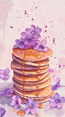 Wall Mural - Stack of Pancakes with Purple Flowers.