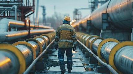 Industrial Worker Walking Along Pipelines