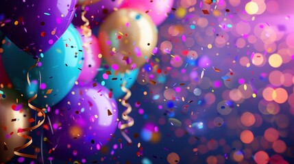 Wall Mural - A vibrant celebration background with a mix of colorful balloons, cheerful confetti, and sparkling lights.