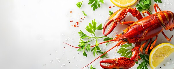 Wall Mural - Cooked Lobster with Lemon and Parsley on White Background