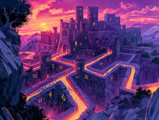 Wall Mural - A castle with a winding path leading to it. The castle is surrounded by mountains and has a purple hue