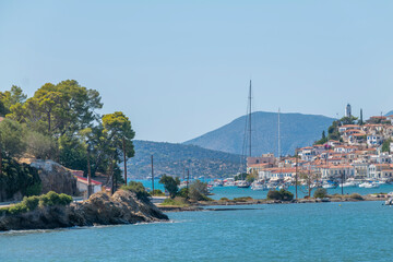 Wall Mural - Greece Peloponnese region Poros island and Galatas town seaside sailing boats on the blue sea