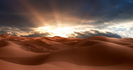 Wall Mural - Sand dunes in the Sahara Desert at amazing sunrise, Merzouga, Morocco - Orange dunes in the desert of Morocco - Sahara desert, Morocco