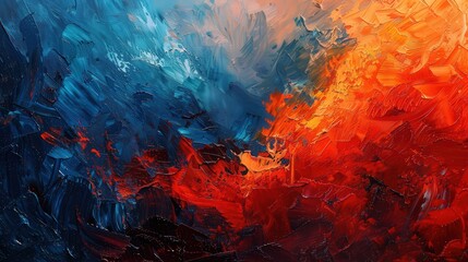 Wall Mural - an abstract oil painting showcasing dramatic contrasts between fiery reds and deep blues