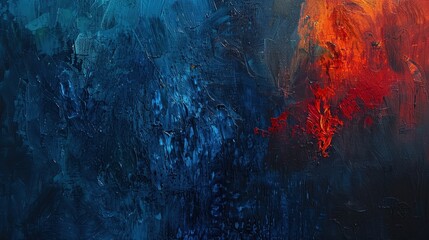 Wall Mural - an abstract oil painting showcasing dramatic contrasts between fiery reds and deep blues