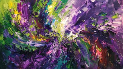 Wall Mural - an abstract oil painting with a striking use of vibrant purples and greens, arranged in a dynamic, s