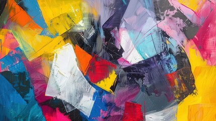 Wall Mural - an abstract oil painting with bold, geometric shapes and vibrant colors, including bright yellows, r