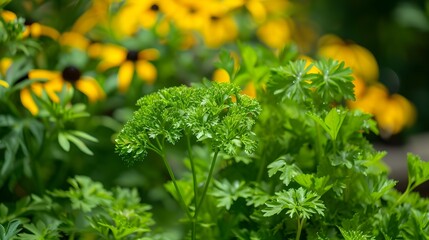 Canvas Print - Green Parsley Leaves in Garden with Blurred Yellow Flowers in Background.