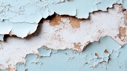 A heavily weathered wall displays layers of old blue and white paint peeling off, revealing the bare and rough surface underneath, highlighting decay and texture.