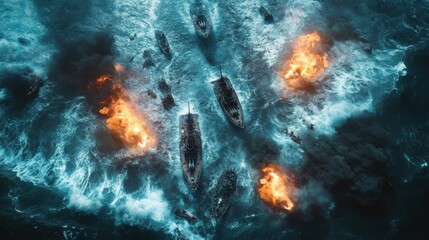 Aerial View of Battleships in a Fiery Ocean Battle - War, Explosion, Destruction, Military