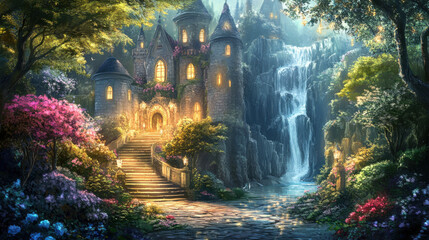 Enchanting fairy castle design, featuring a fusion of artistic styles, with a detailed fantasy garden background resembling watercolor paintings and realistic illumination.