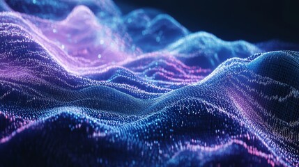 Wall Mural - An abstract digital landscape with flowing waves in vibrant blue and purple hues, symbolizing technology, data, innovation, growth, and connectivity.