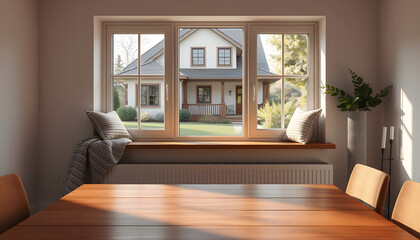 Wall Mural - Empty table in home interior. Window and windowsill with blanket and cushions. Window overlooking house and garden isolated with white highlights, png