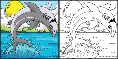 Canvas Print - Spinner Shark Coloring Page Colored Illustration