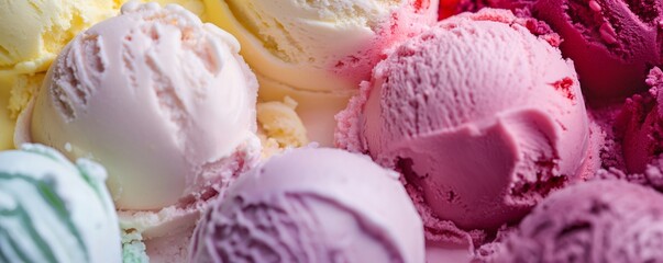 Wall Mural - Colorful ice cream scoops in various flavors. Summer dessert concept. Image for menu, packaging, and advertising.