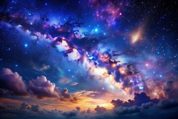 Vibrant night sky filled with stars, clouds, nebula, and galaxy, featuring a breathtaking gradient of blue and purple hues, stardust, and milky way magic.