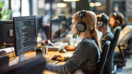 Poster - A programmer concentrates on coding at a computer in a modern office, wearing headphones, capturing the intensity, focus, and meticulous nature of software development work.